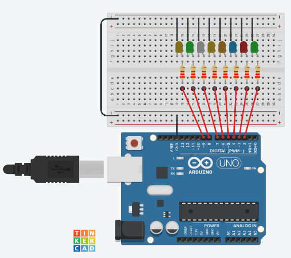 Diagrama de conexión para una secuencia de 8 LEDs